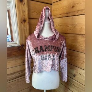 Vintage Pink Crushed Velvet Cropped Hoodie Y2K McBling‎ Womens Medium Baddie Pop